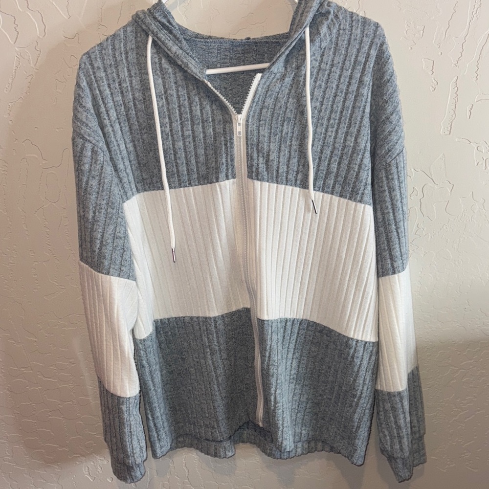 Soft Gray and White Striped Zip-Up Hoodie